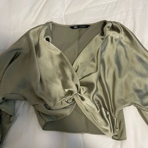 Zara Long Sleeve Semi- Cropped Silk Top Size Small